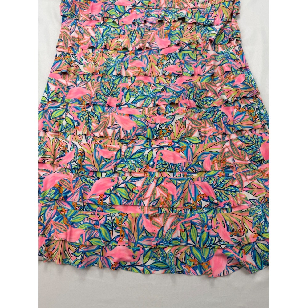 Bulu-Lulu Ruffle Tiered Dress Womens Large Pink Flamingo Tropical Sleeveless - Picture 3 of 12